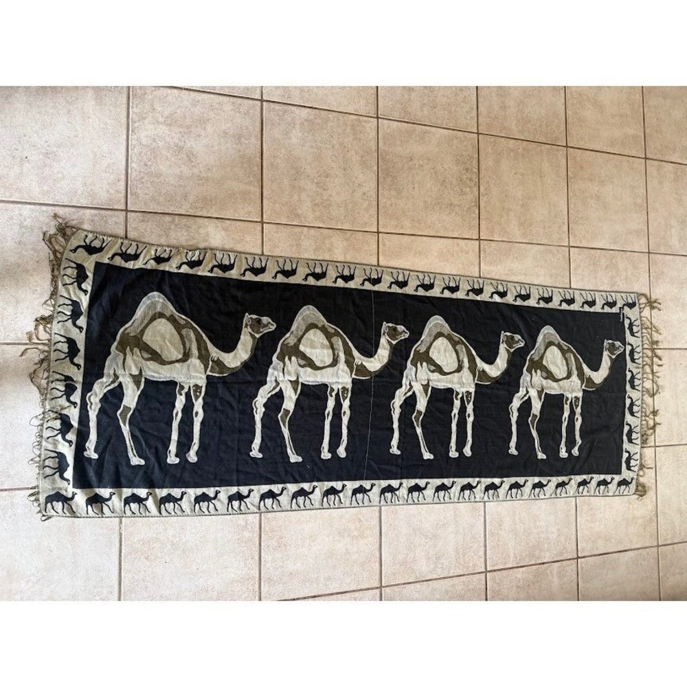 Woven Camel Tapestry Wall Hanging Desert Motif Fringe Textile Black Tan Cashmere